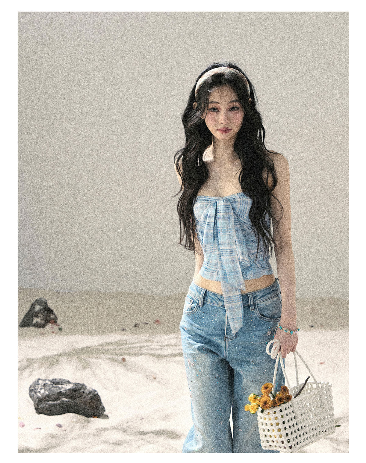 ShaoYeYan Aomalm Blue Danube Bow Plaid Bustier Top