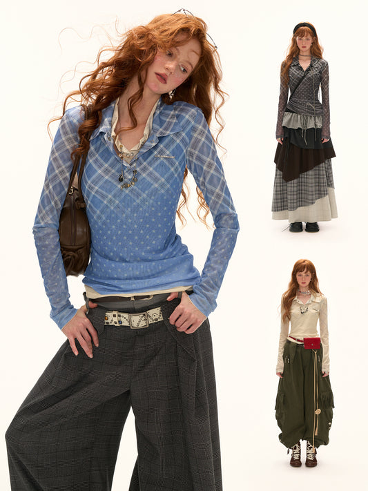 MAMC Sheer Gradient Plaid Top