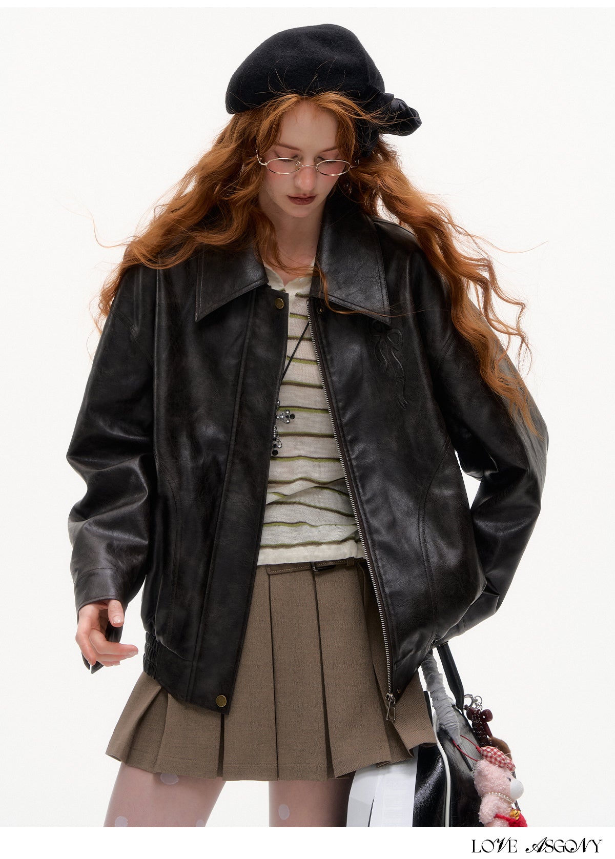 AsGony Retro Bow Collar Embossed Leather Jacket
