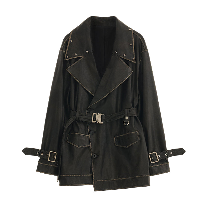 MAMC Belted Distressed Leather Trench Coat