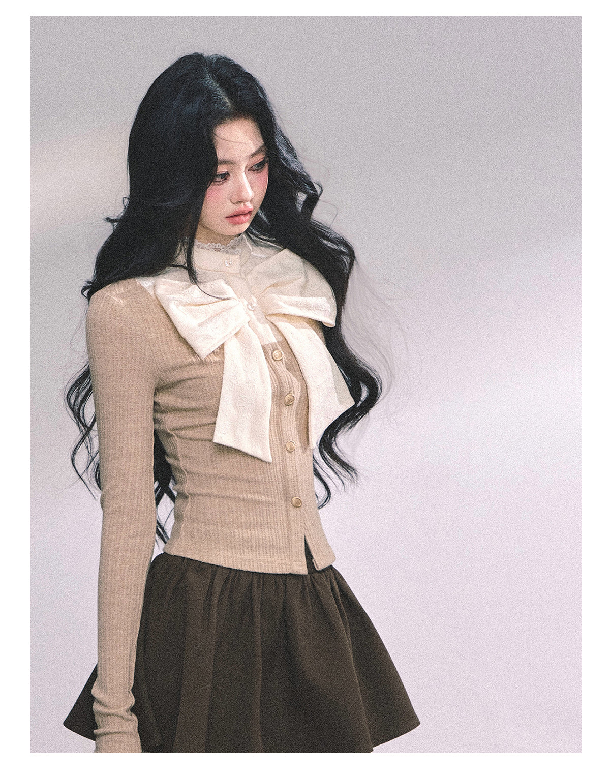 ShaoYeYan Chanson Crêpe Fake Two-Layer French Bow Lace T-Shirt