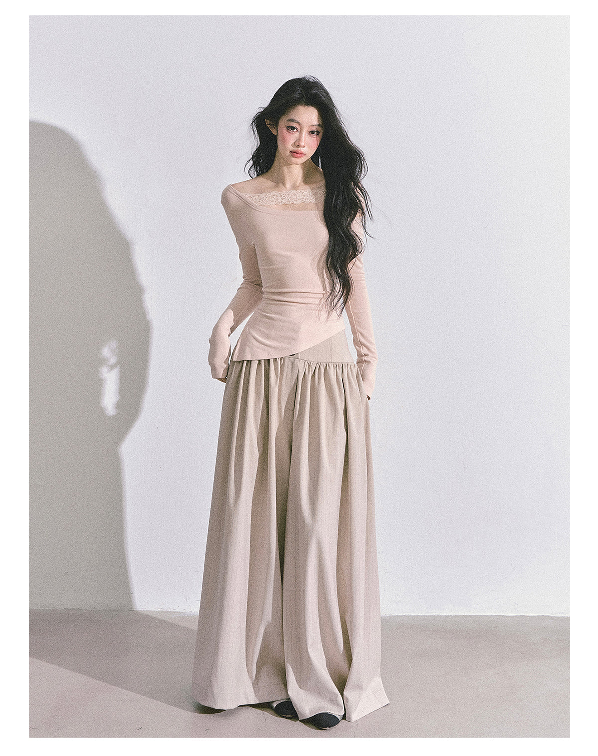 ShaoYeYan Tiny Waist Basic Long Sleeve Off-Shoulder Lace Top