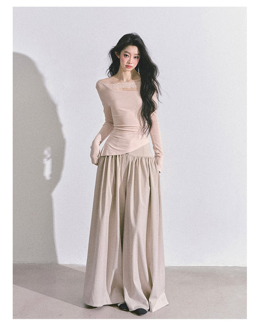 ShaoYeYan Tiny Waist Basic Long Sleeve Off-Shoulder Lace Top