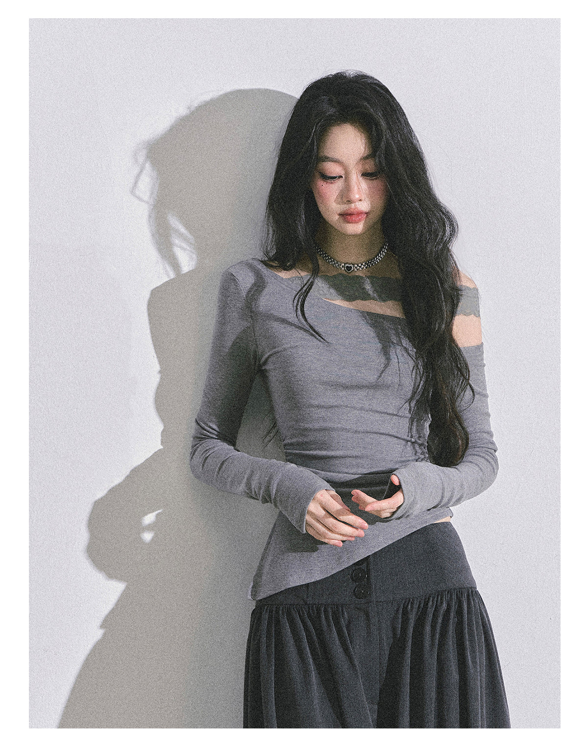 ShaoYeYan Tiny Waist Basic Long Sleeve Off-Shoulder Lace Top
