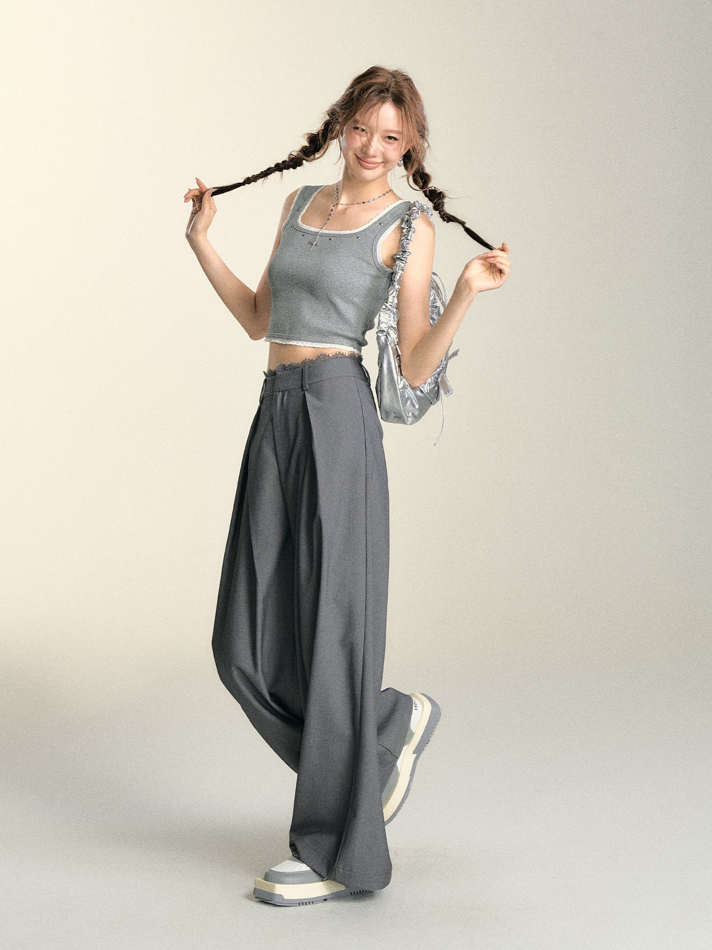 SOMESOWE Lace-Paneled Wide-Leg Trousers