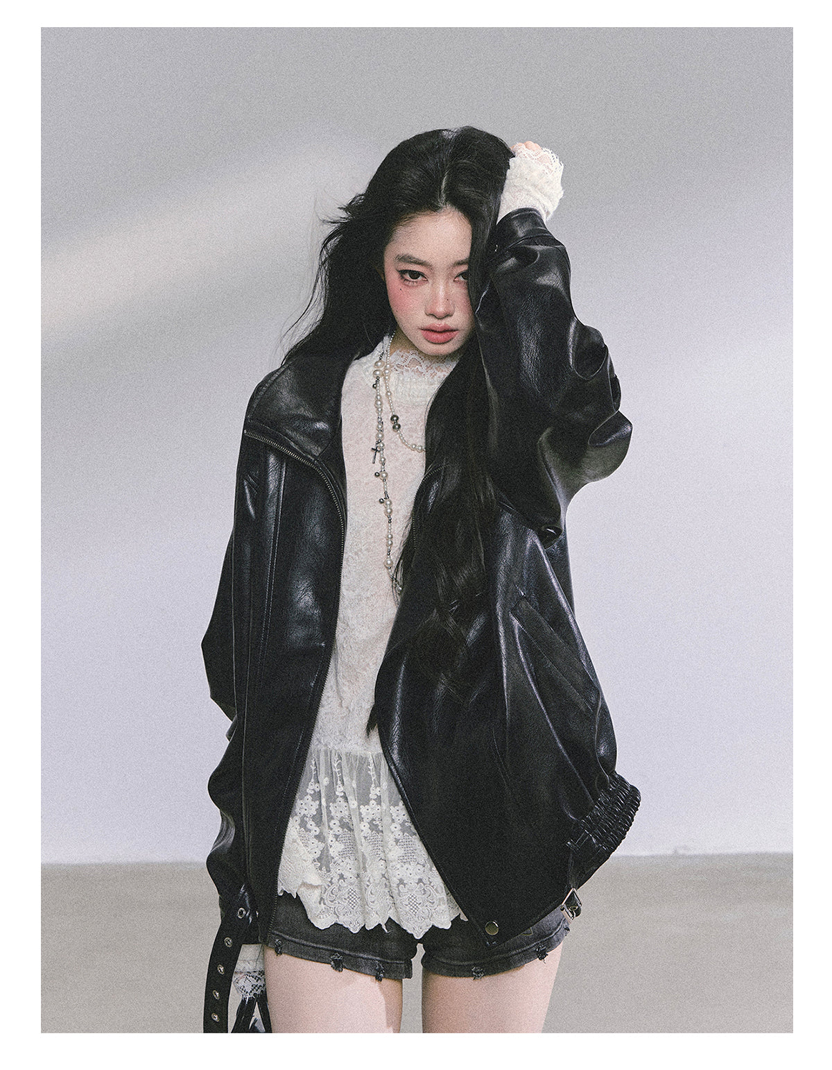 ShaoYeYan Mafia Princess Oversized Slim-Fit Black PU Leather Jacket