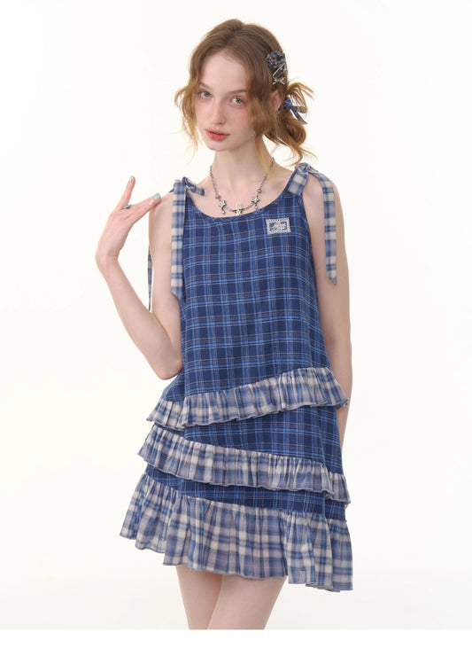 ziziFei Retro Blue Gingham Dress