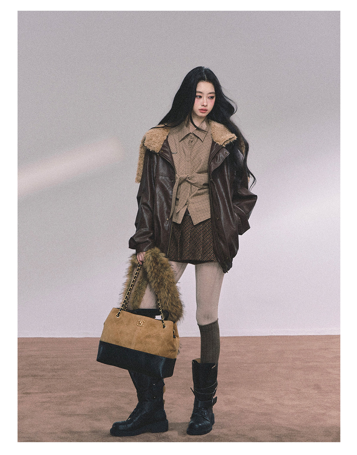 ShaoYeYan Loose Fit Lamb Fur Leather Jacket