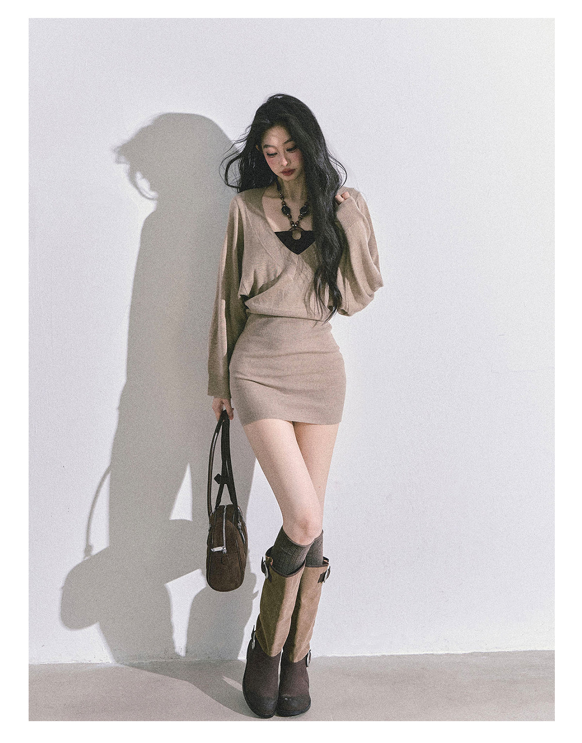 ShaoYeYan Golden Sweetie French Long Sleeve Knit Dress (included innerwear)