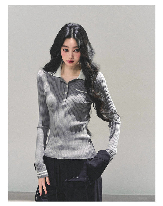 ShaoYeYan Wendy's Letter Long Sleeve Polo Knit Sweater