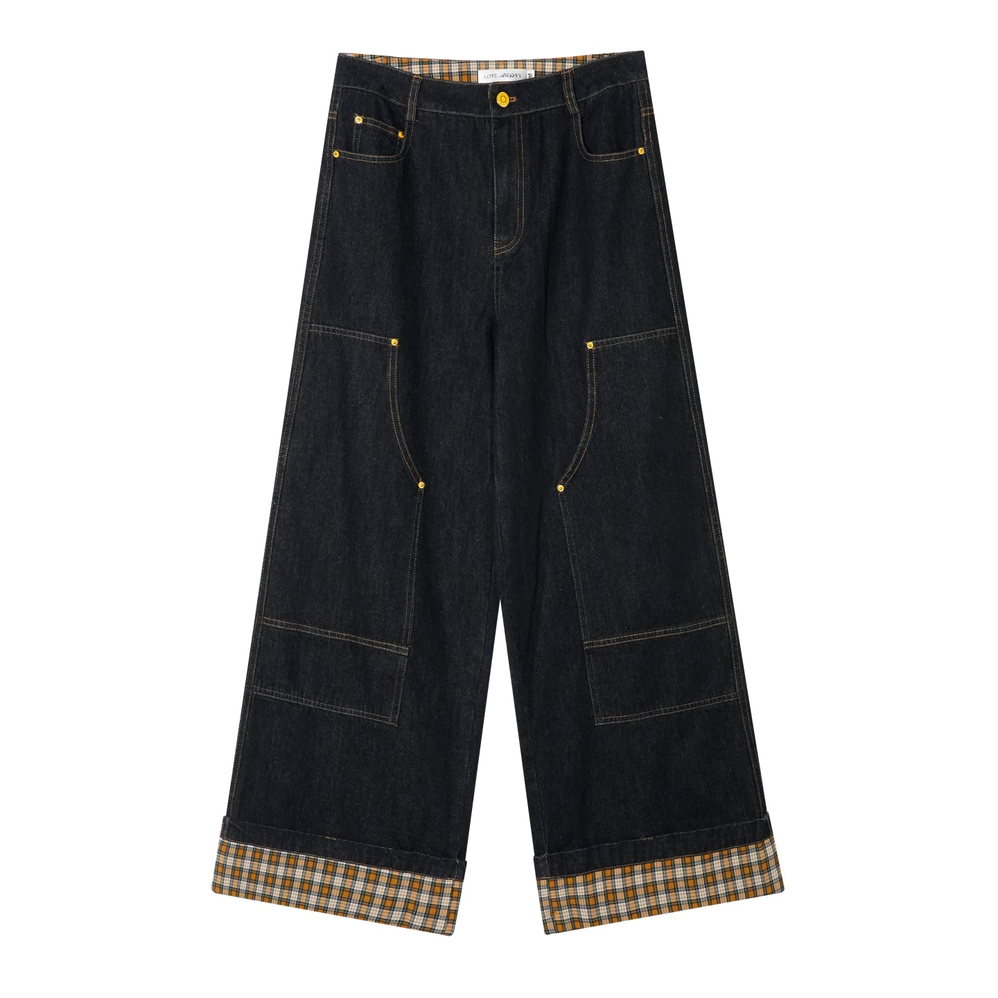 AsGony Black Plaid Panel Wide-Leg Jeans