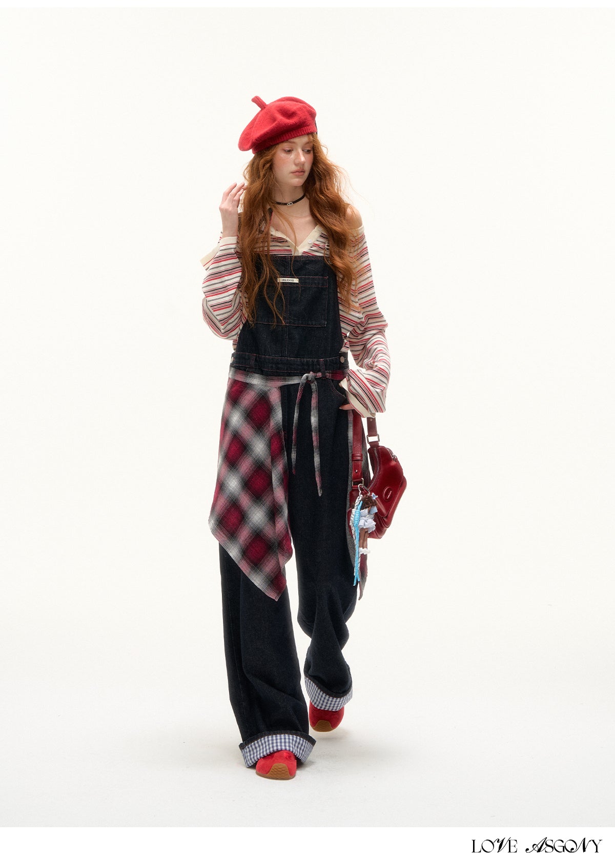 AsGony Red Stitch Raw Denim Wide-Leg Jumpsuit