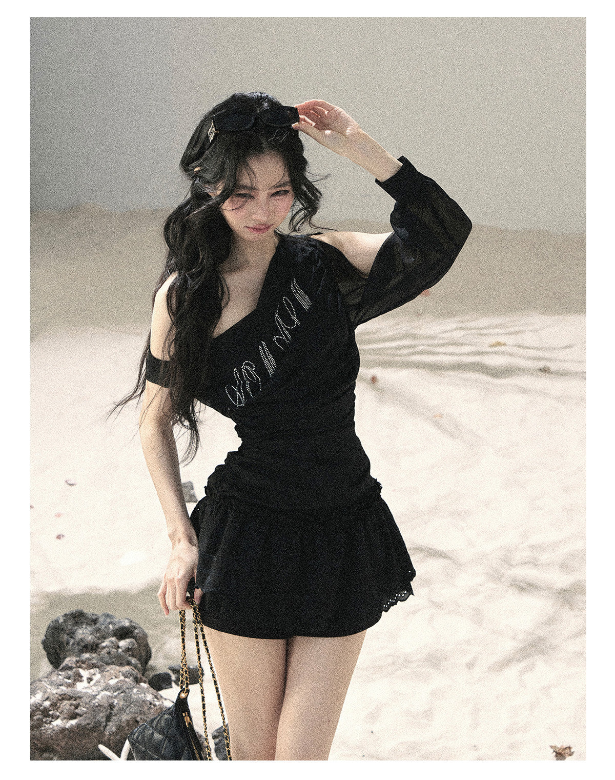 ShaoYeYan Aomalm Fragmented Starlight Korean Off-Shoulder Mesh Top