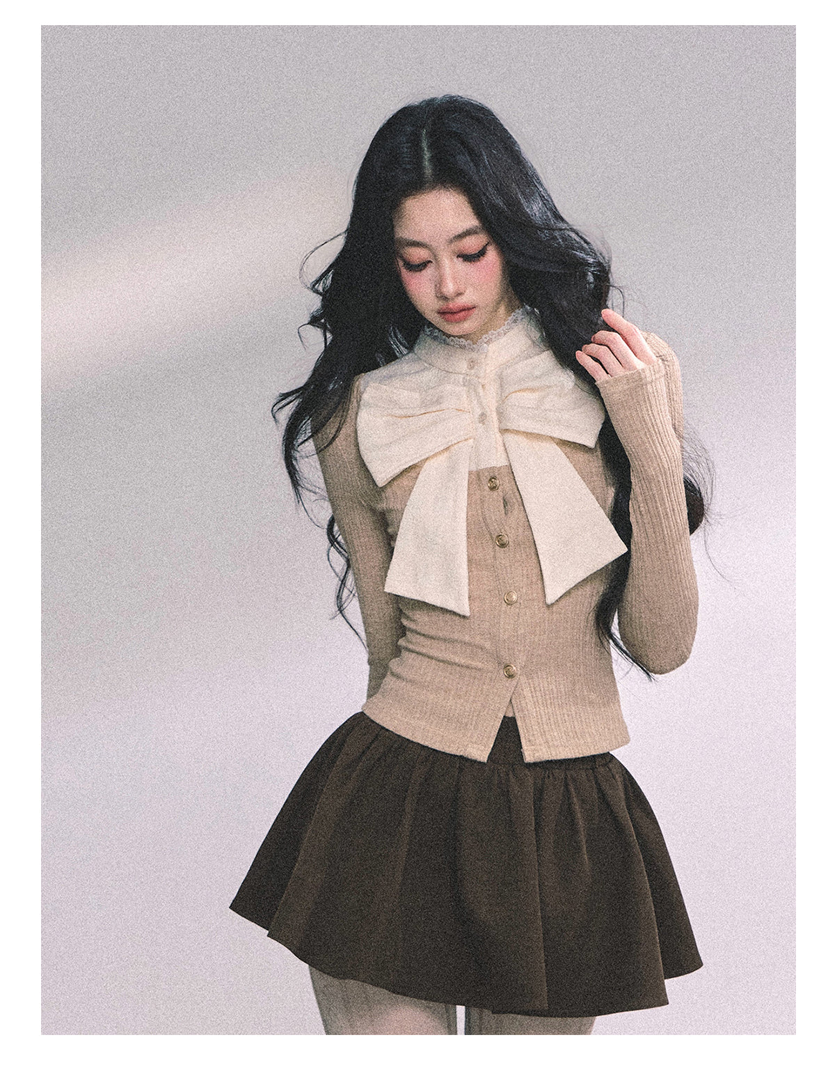 ShaoYeYan Chanson Crêpe Fake Two-Layer French Bow Lace T-Shirt