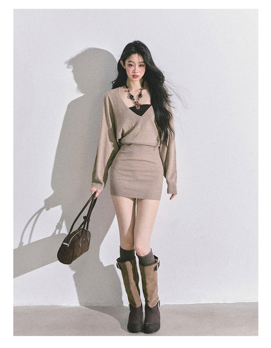 ShaoYeYan Golden Sweetie French Long Sleeve Knit Dress (included innerwear)
