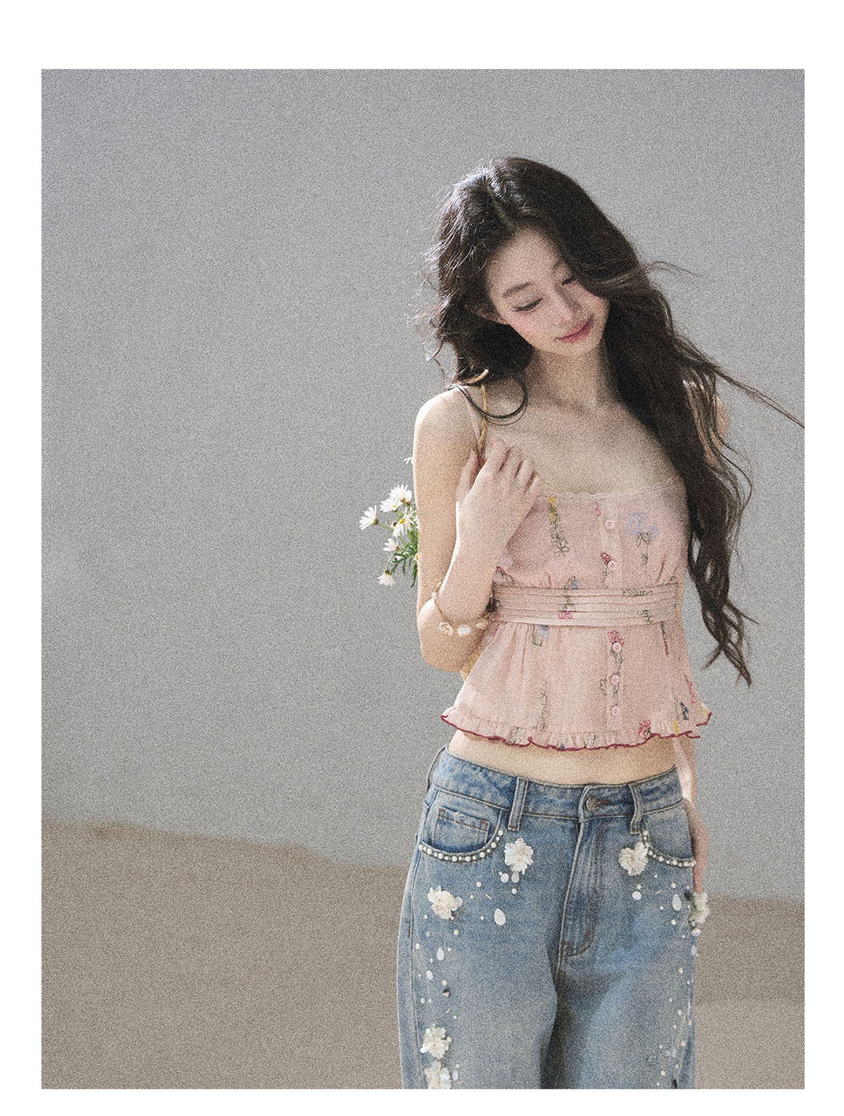 ShaoYeYan Aomalm Wildly Growing Flowers Lace Floral Ramie Top