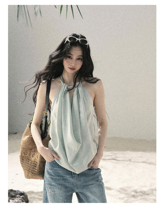 ShaoYeYan Aomalm Flowing Silk French Satin Halter Top