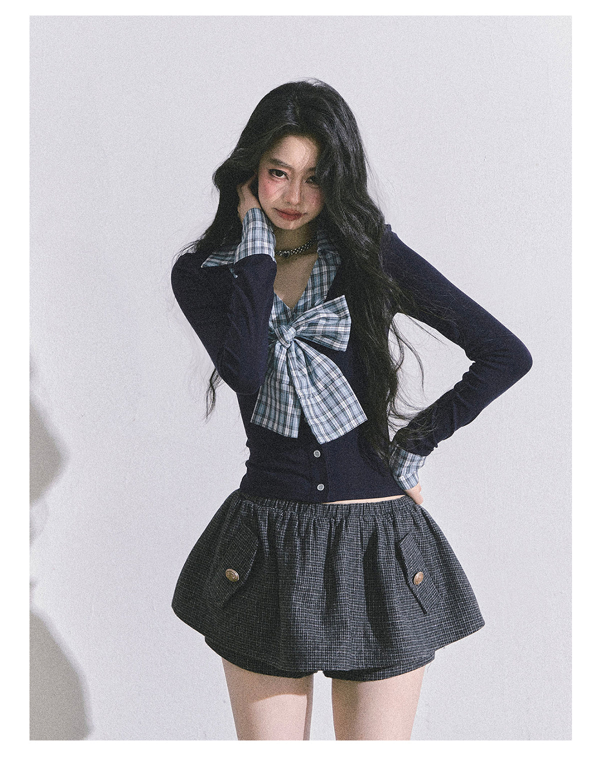 ShaoYeYan Ivy Plaid Verse Fake Two-Layer Bow Plaid T-Shirt