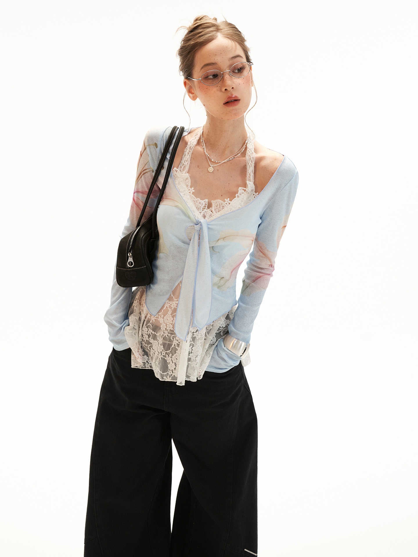 MAMC Sheer Bow Tie Long Sleeve Top