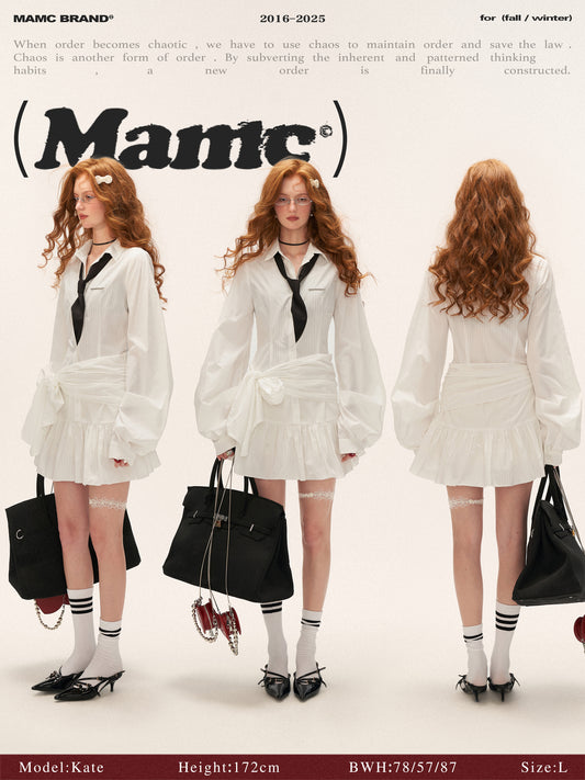 MAMC White Textured Bow Shirt Dress