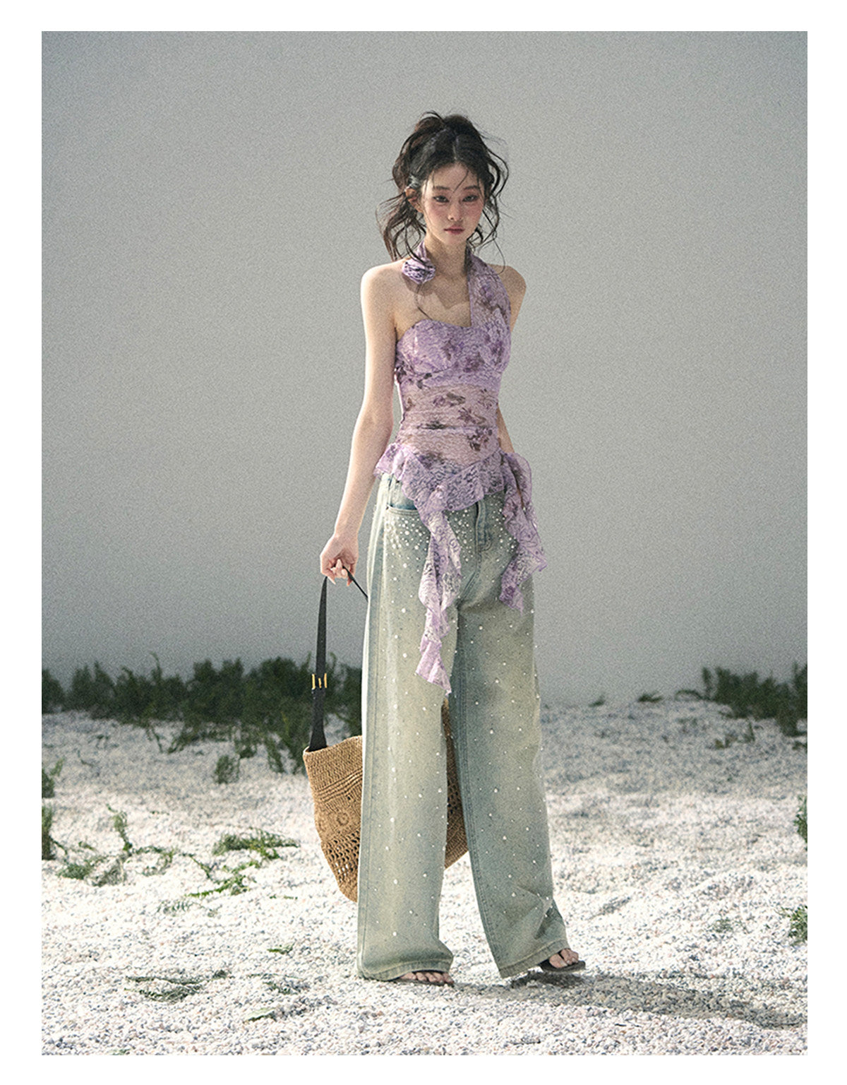 ShaoYeYan Aomalm Bauhinia Blooms Asymmetric Sheer Ribbon Top