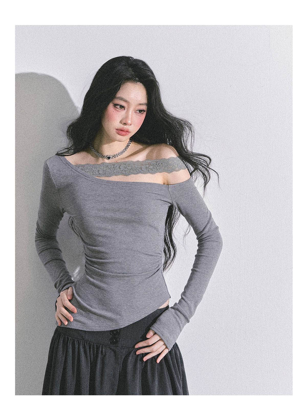 ShaoYeYan Tiny Waist Basic Long Sleeve Off-Shoulder Lace Top