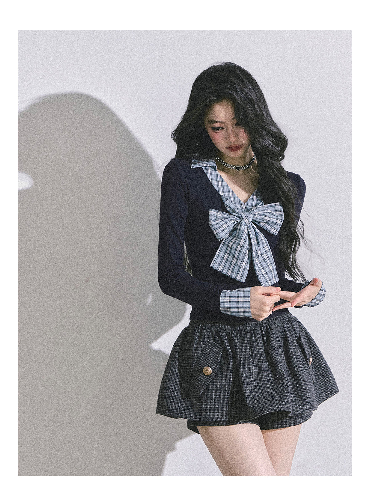 ShaoYeYan Ivy Plaid Verse Fake Two-Layer Bow Plaid T-Shirt