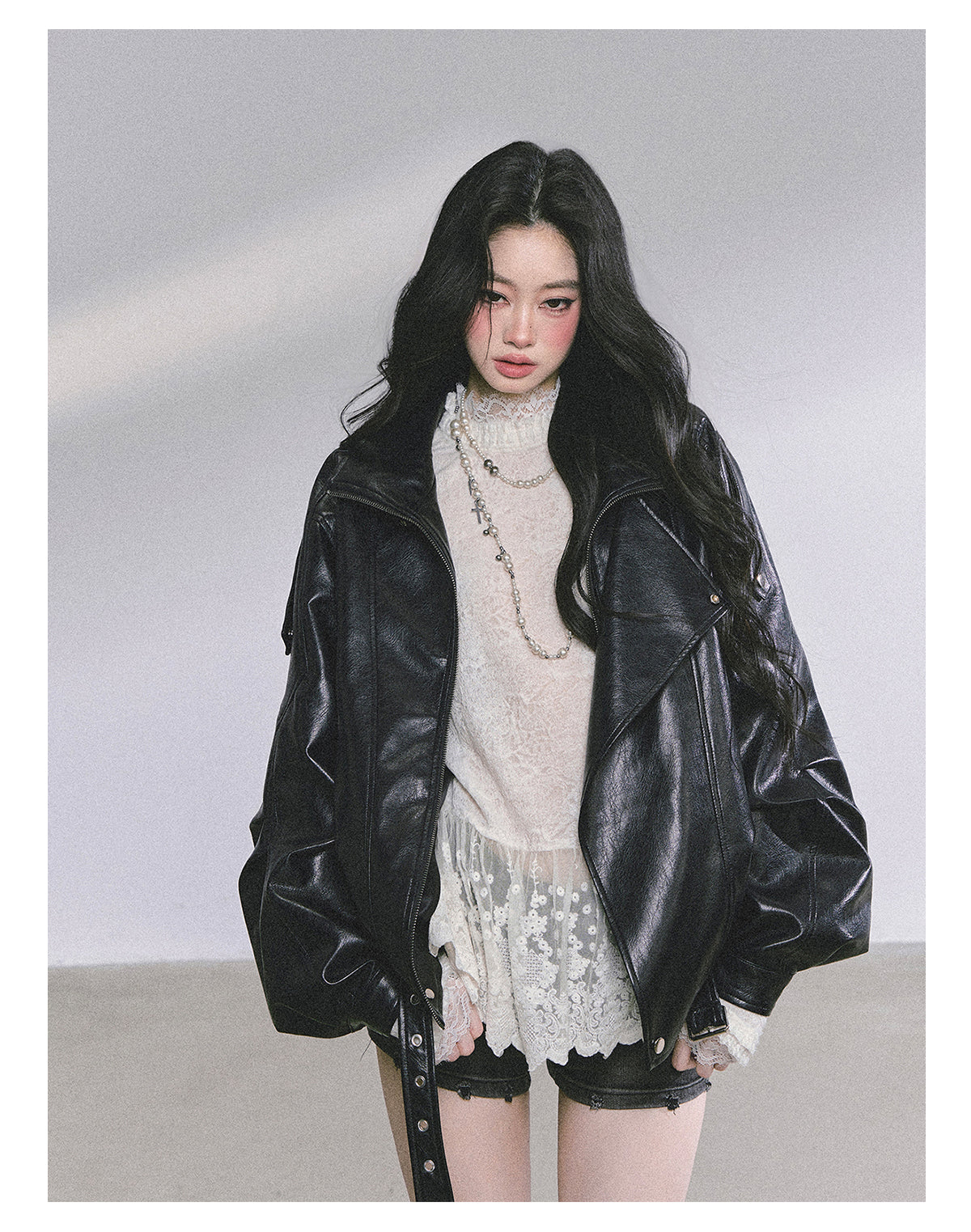 ShaoYeYan Mafia Princess Oversized Slim-Fit Black PU Leather Jacket