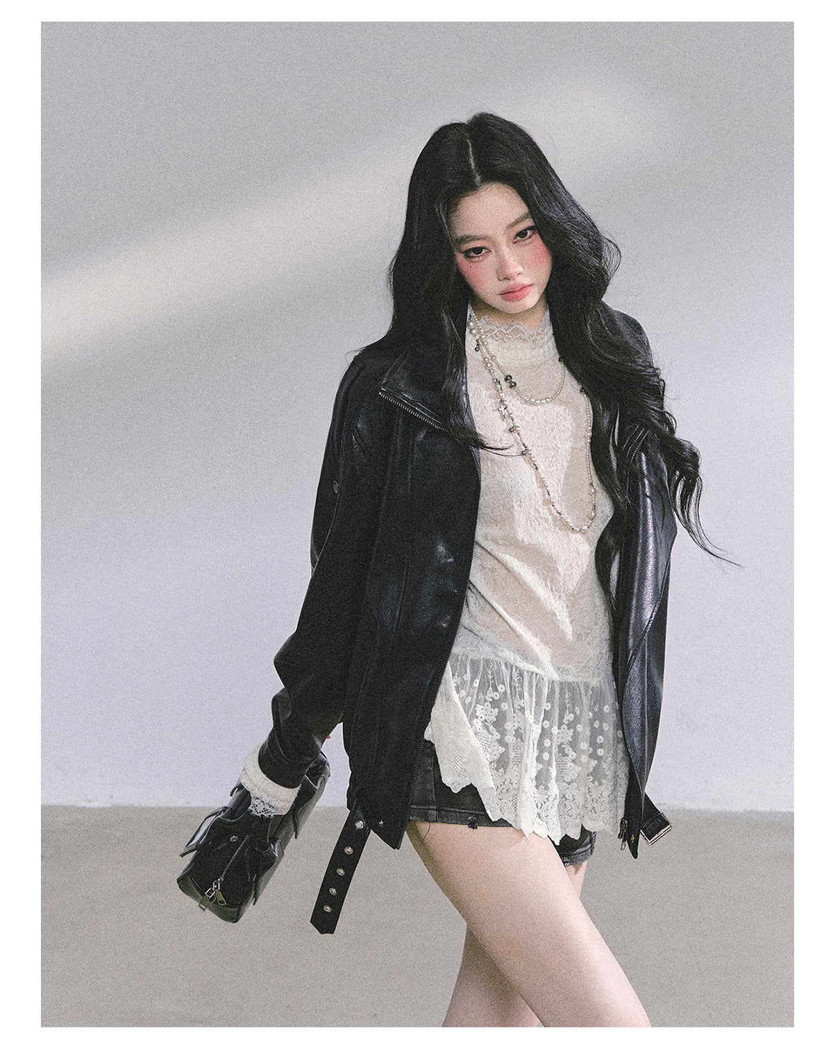 ShaoYeYan Mafia Princess Oversized Slim-Fit Black PU Leather Jacket