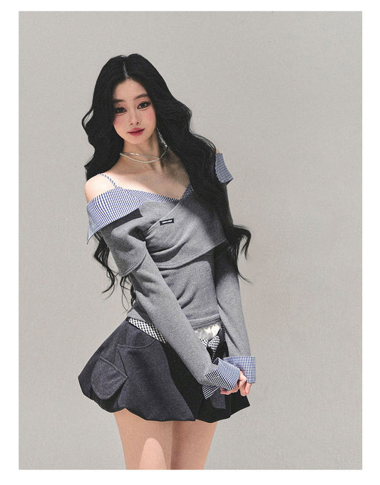 ShaoYeYan Dream Interweave Off-Shoulder Plaid T-Shirt