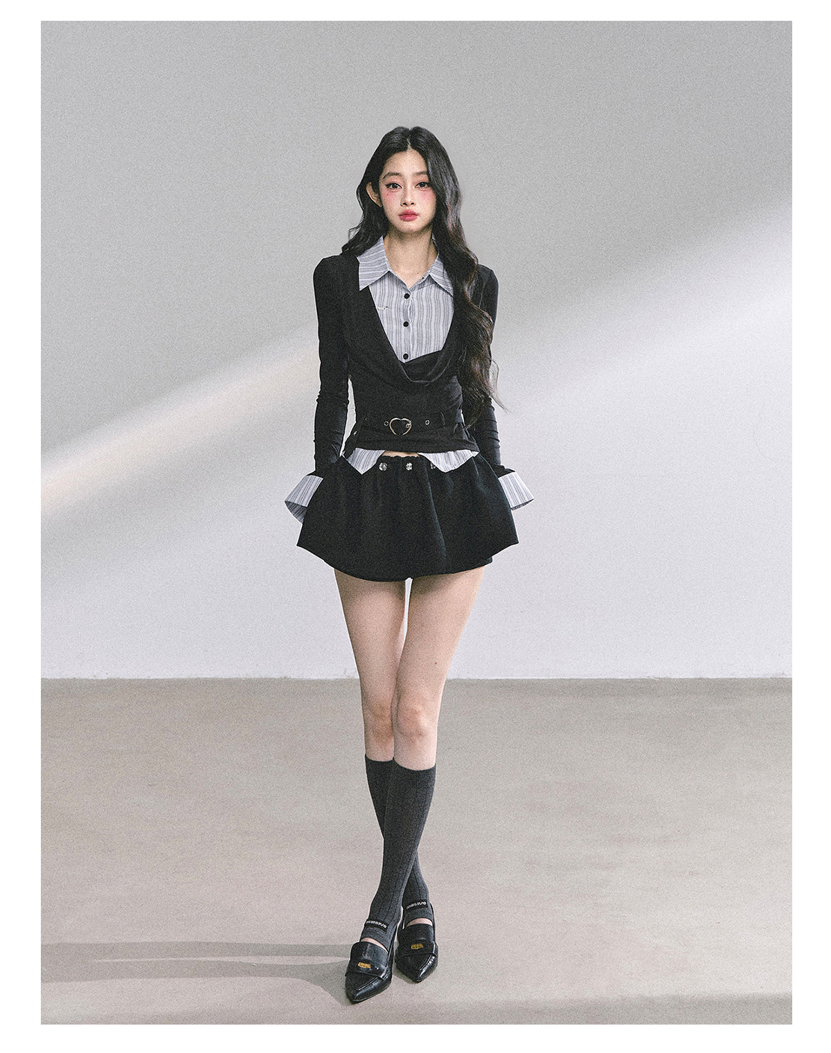 SHAOYEYAN Mock Two-Layer Waist-Defining Striped Tee