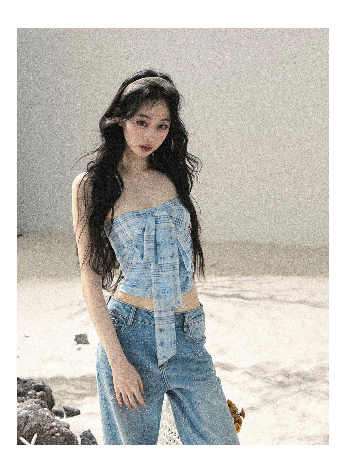 ShaoYeYan Aomalm Blue Danube Bow Plaid Bustier Top