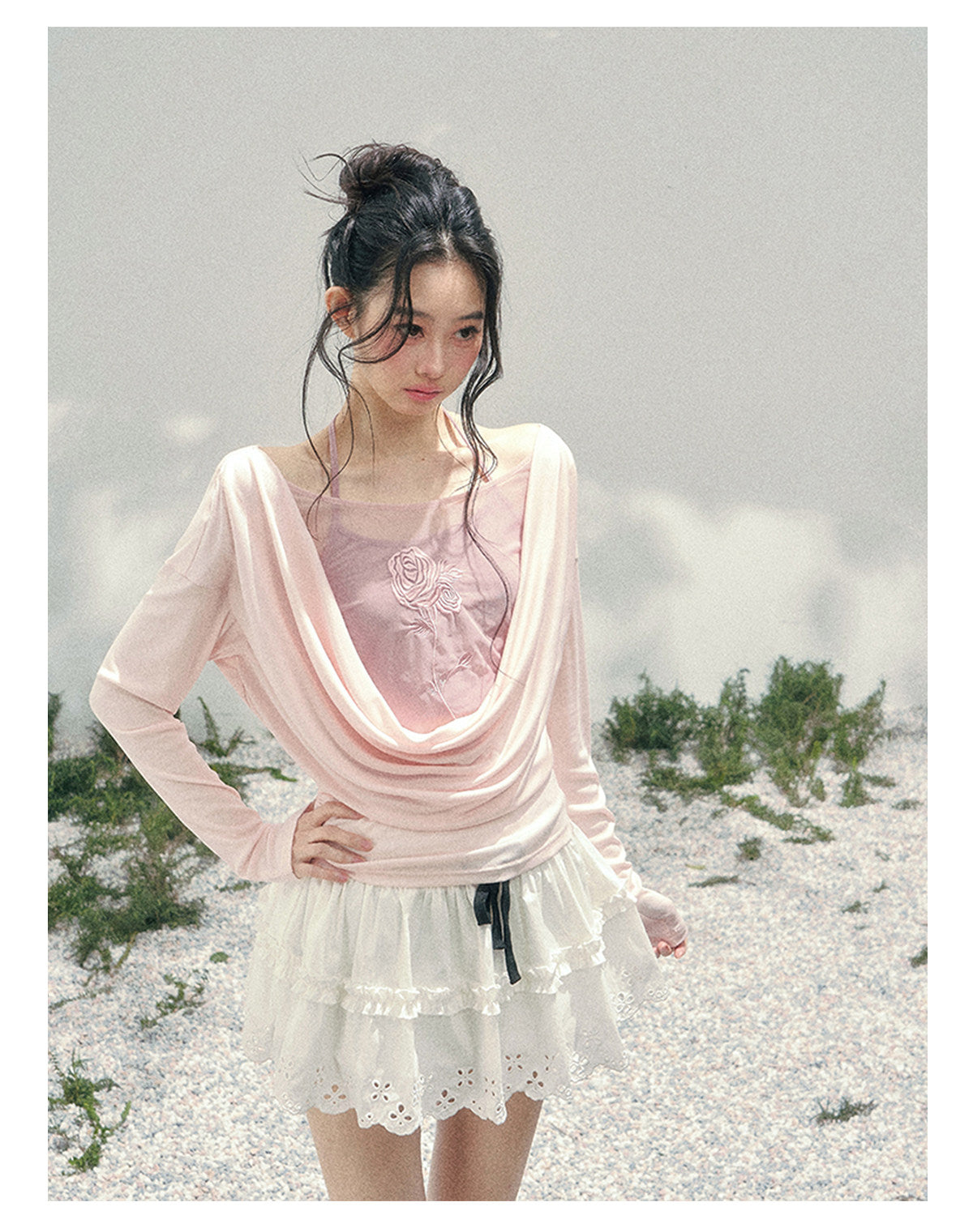 ShaoYeYan Aomalm Summer Inflorescence Fake Two-Layer Rose Embroidered Blouse