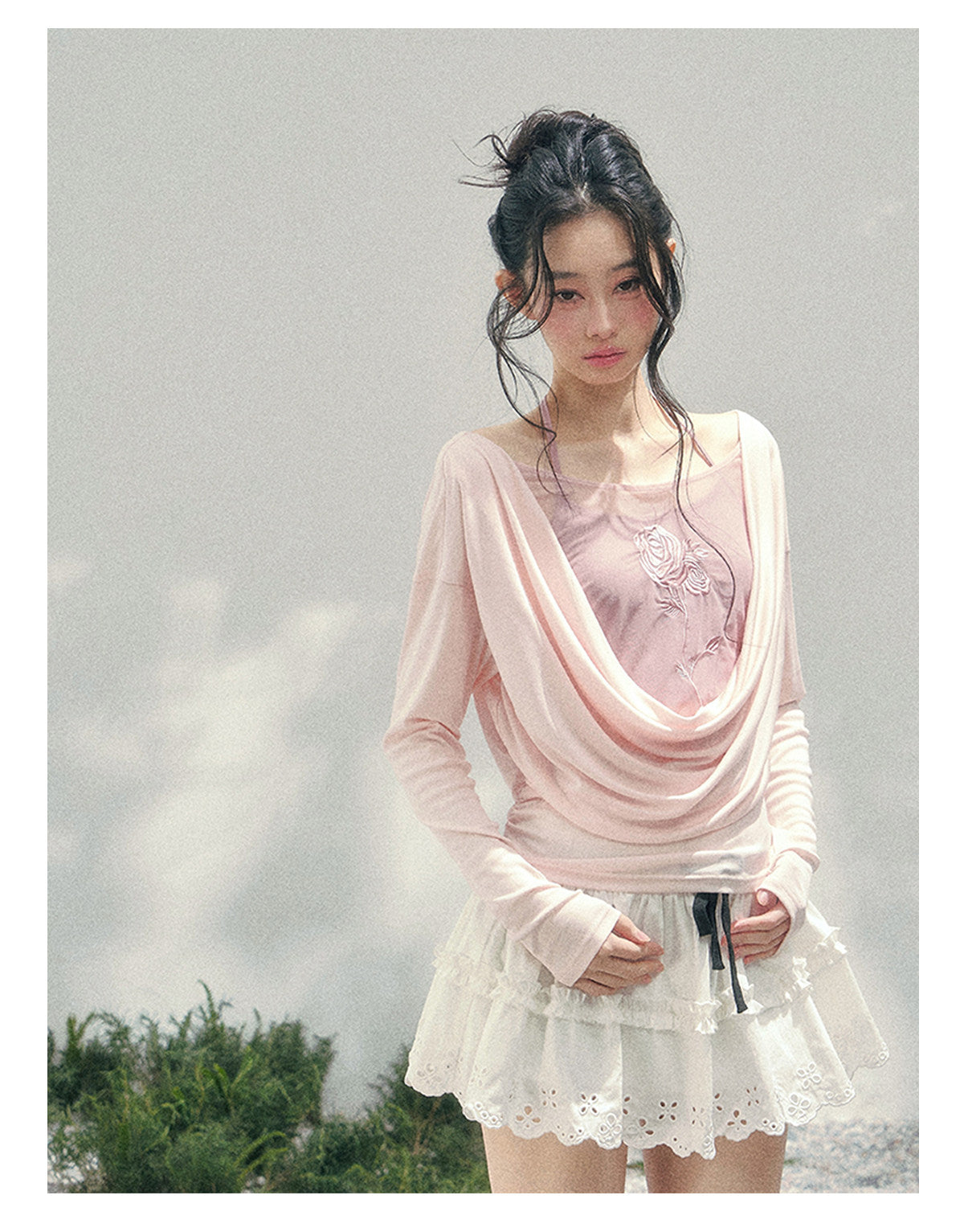 ShaoYeYan Aomalm Summer Inflorescence Fake Two-Layer Rose Embroidered Blouse