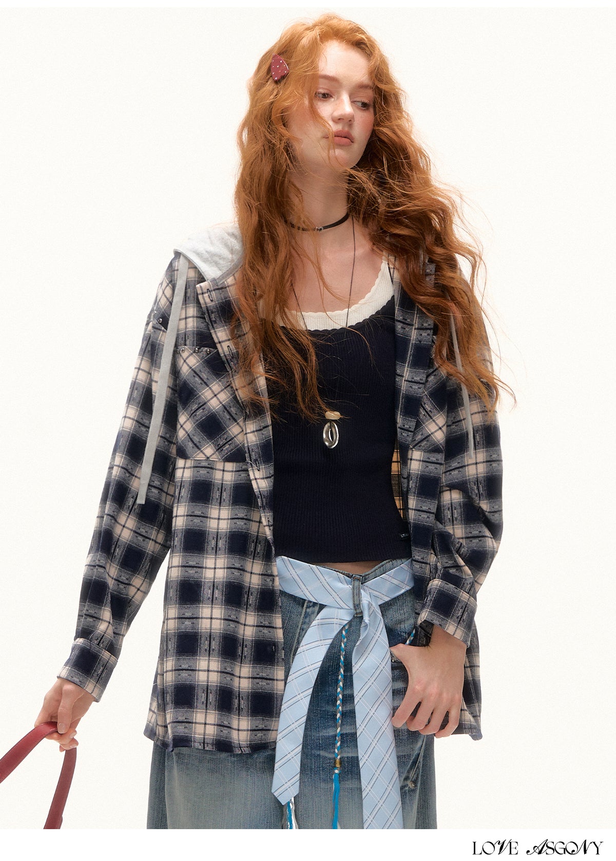 AsGony Retro Plaid Colorblock Hooded Shirt