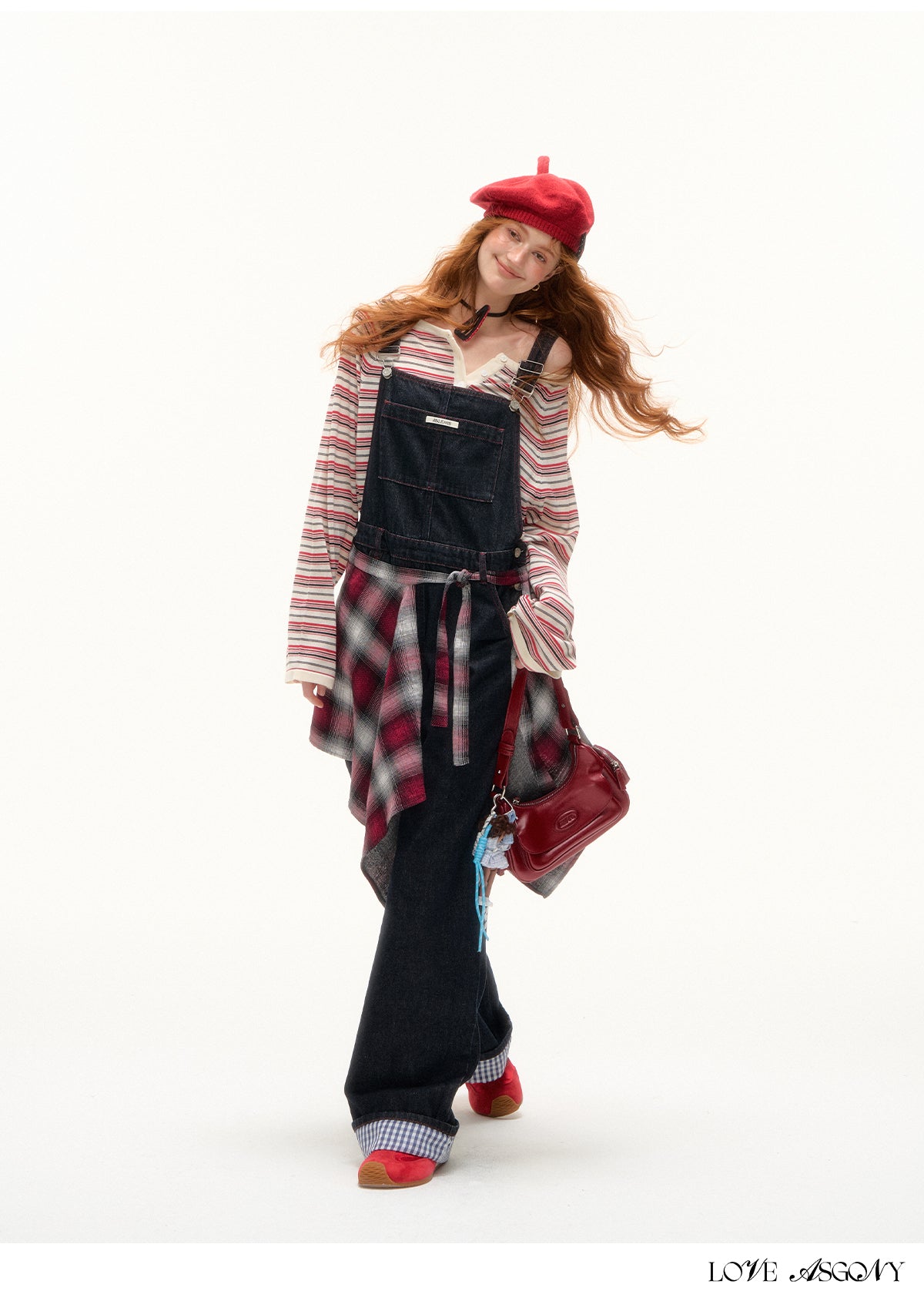 AsGony Red Stitch Raw Denim Wide-Leg Jumpsuit
