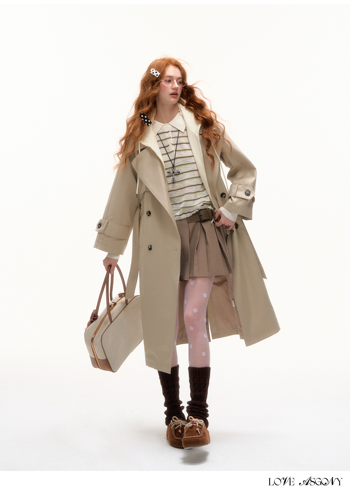 AsGony British Style Fake Two-Tone Long Trench Coat