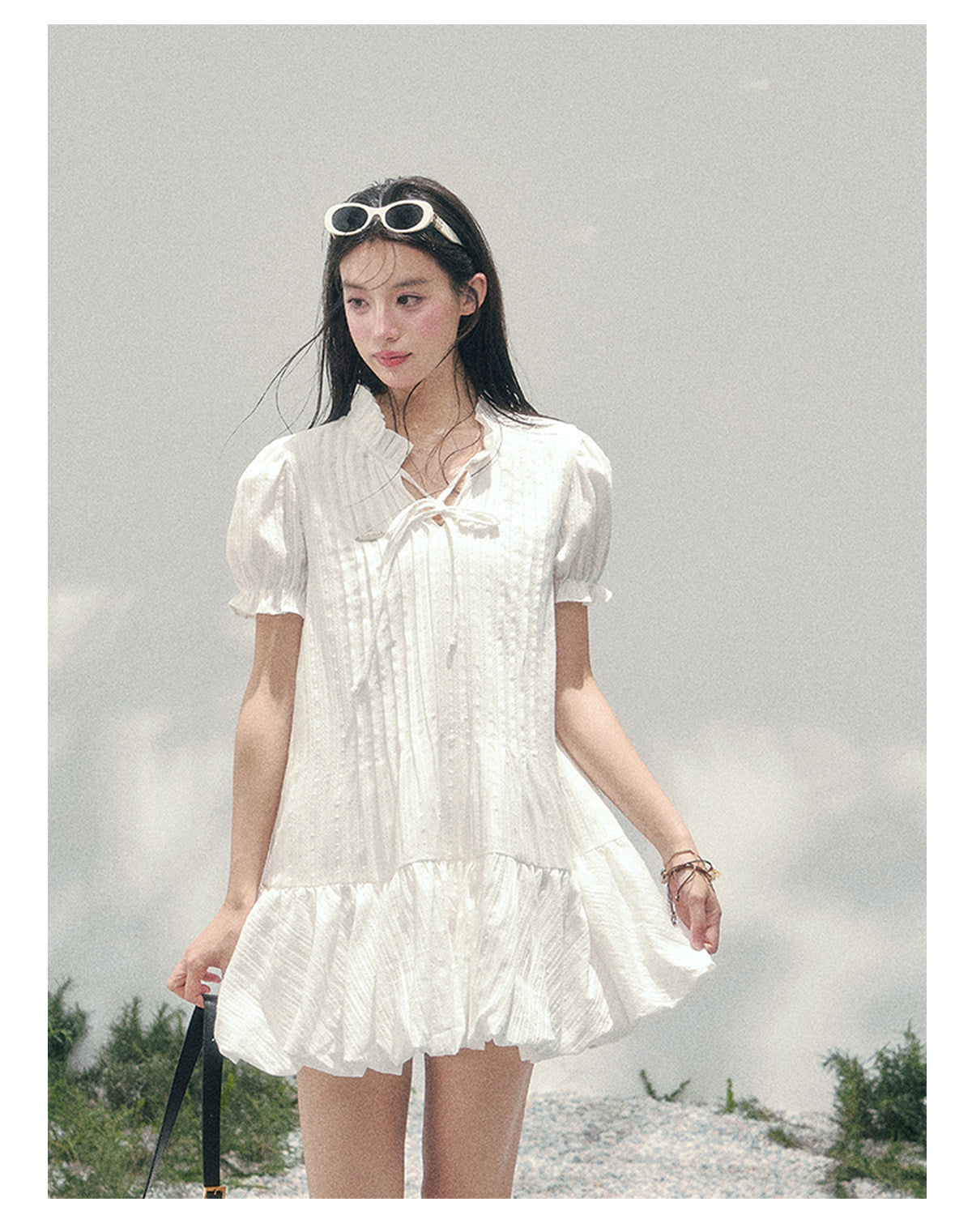ShaoYeYan Aomalm Simple Skirt with Light Pleats French Bubble Sleeve Dress