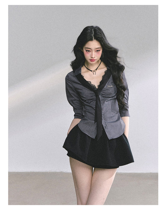 SHAOYEYAN American Waist-Defining Lace Stripe Shirt