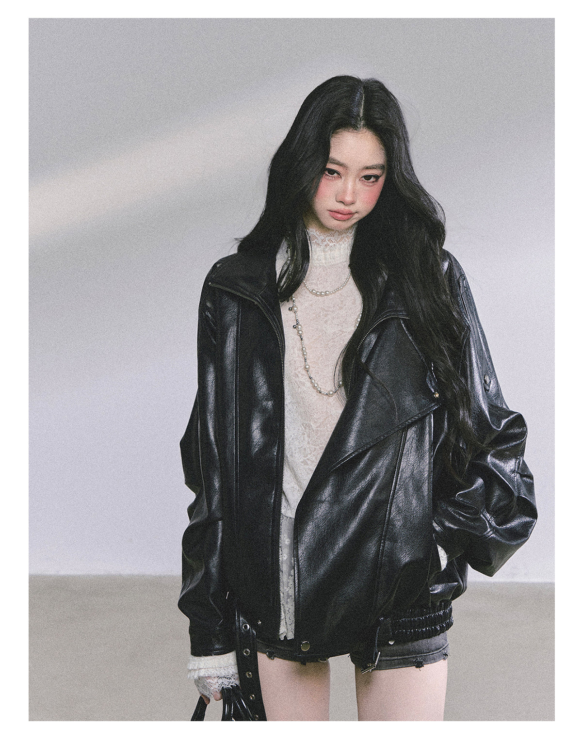 ShaoYeYan Mafia Princess Oversized Slim-Fit Black PU Leather Jacket