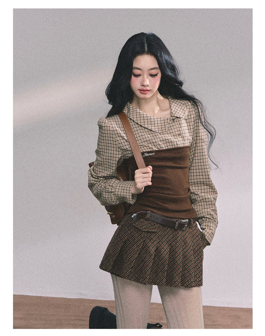 ShaoYeYan U.S. Study Abroad Outfit Fake Two-Layer Plaid Knit T-Shirt