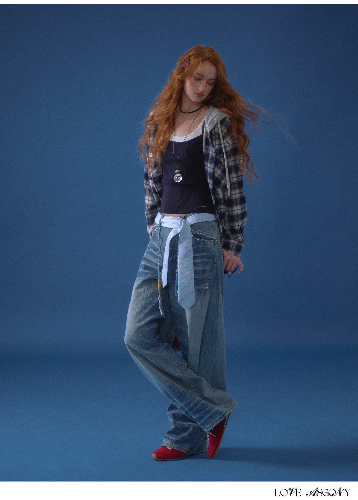 AsGony Retro Plaid Colorblock Hooded Shirt