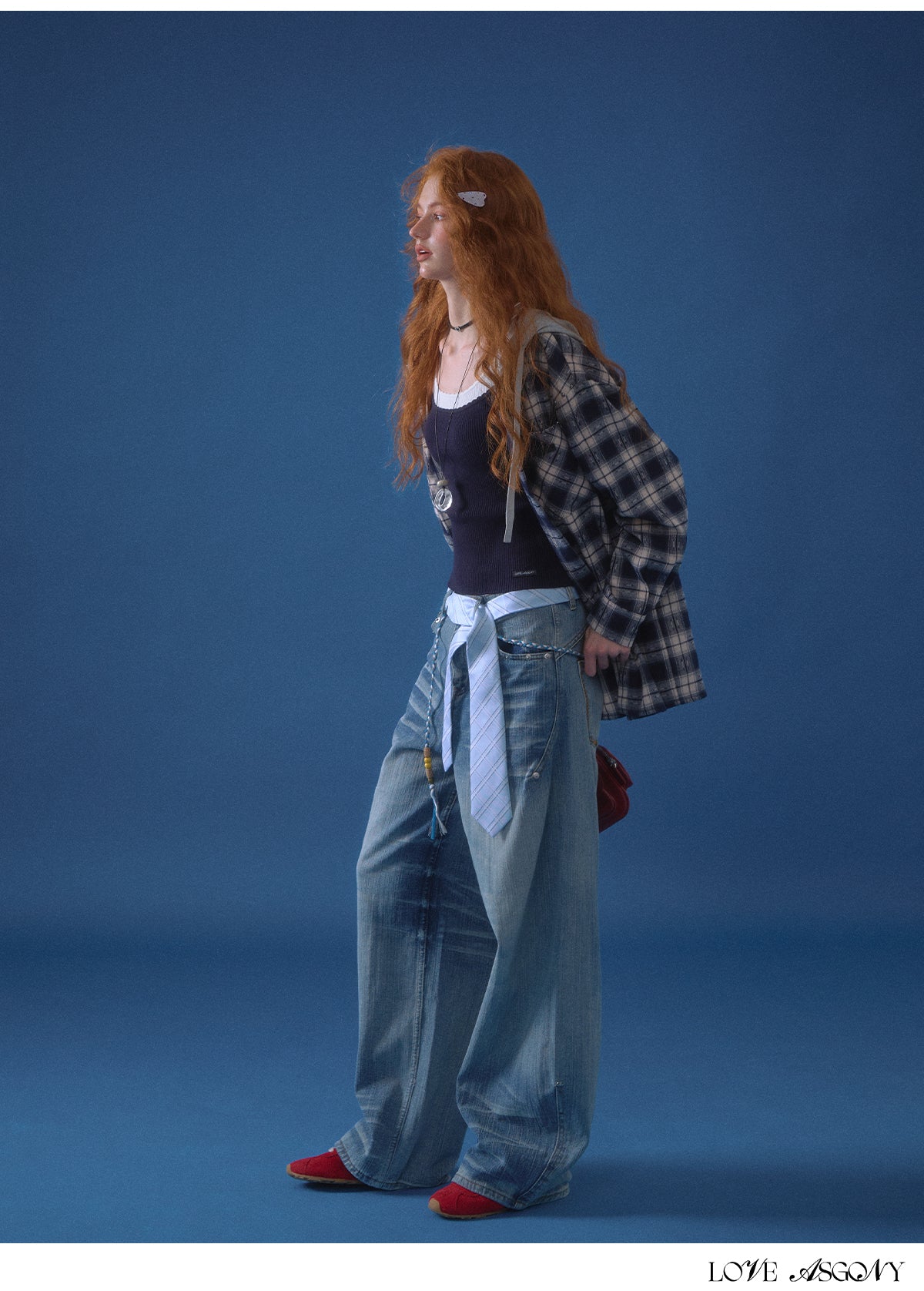 AsGony Retro Plaid Colorblock Hooded Shirt