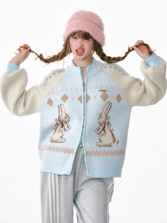 ziziFei Rabbit Print Zip-Up Cardigan