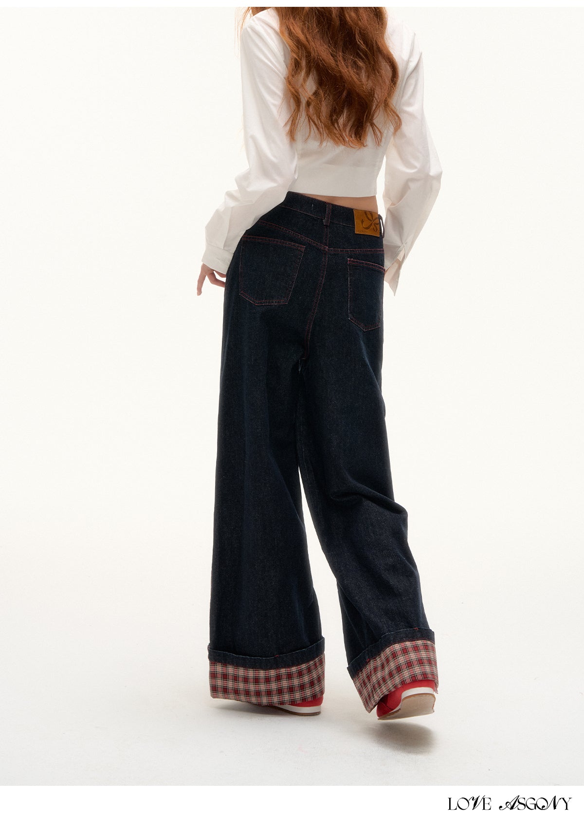 AsGony Black Plaid Panel Wide-Leg Jeans