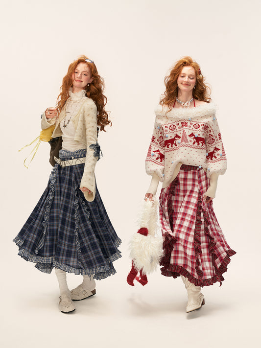 MAMC Asymmetrical Ruffle Hem Plaid Skirt