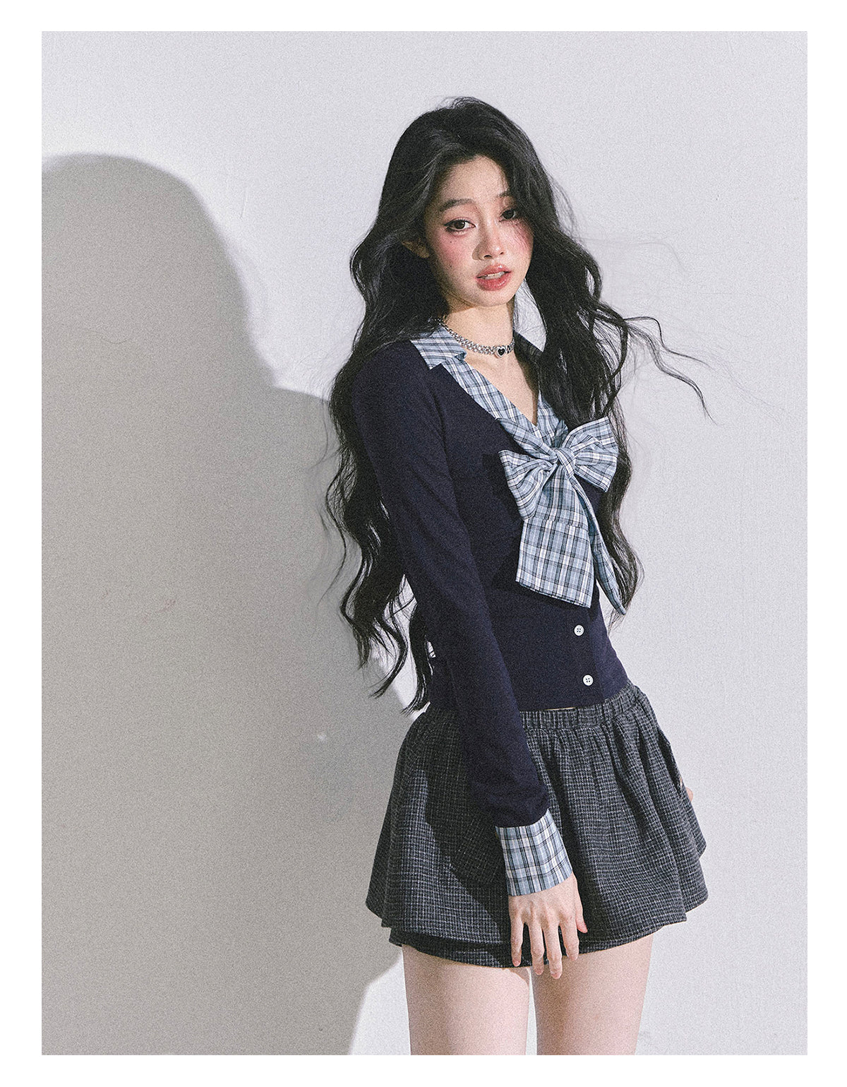 ShaoYeYan Ivy Plaid Verse Fake Two-Layer Bow Plaid T-Shirt