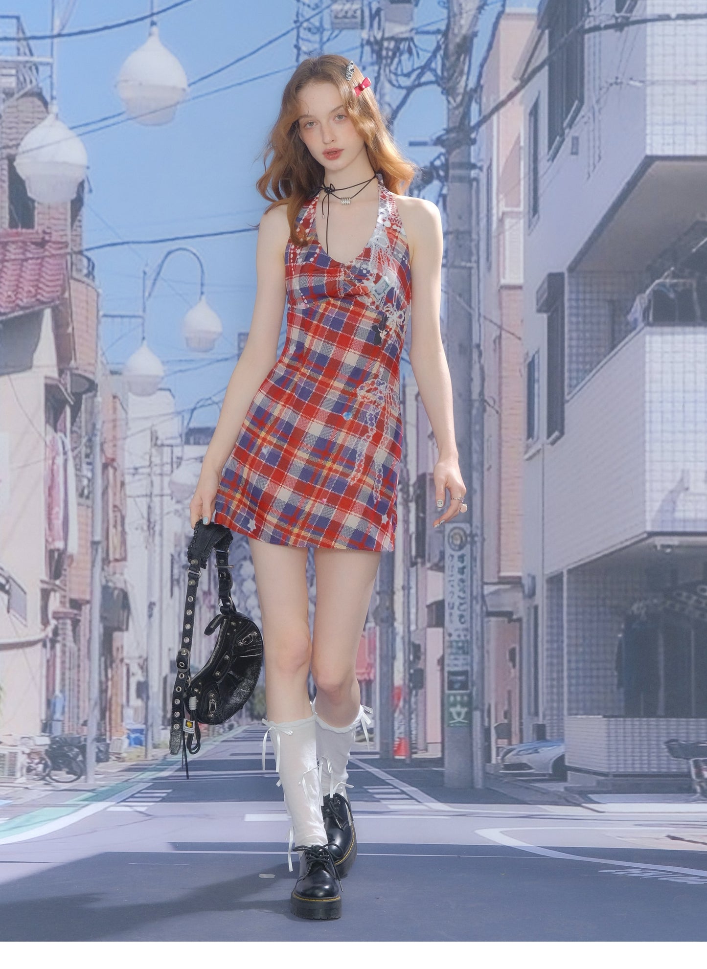 ziziFei Retro Checkered Halter Dress
