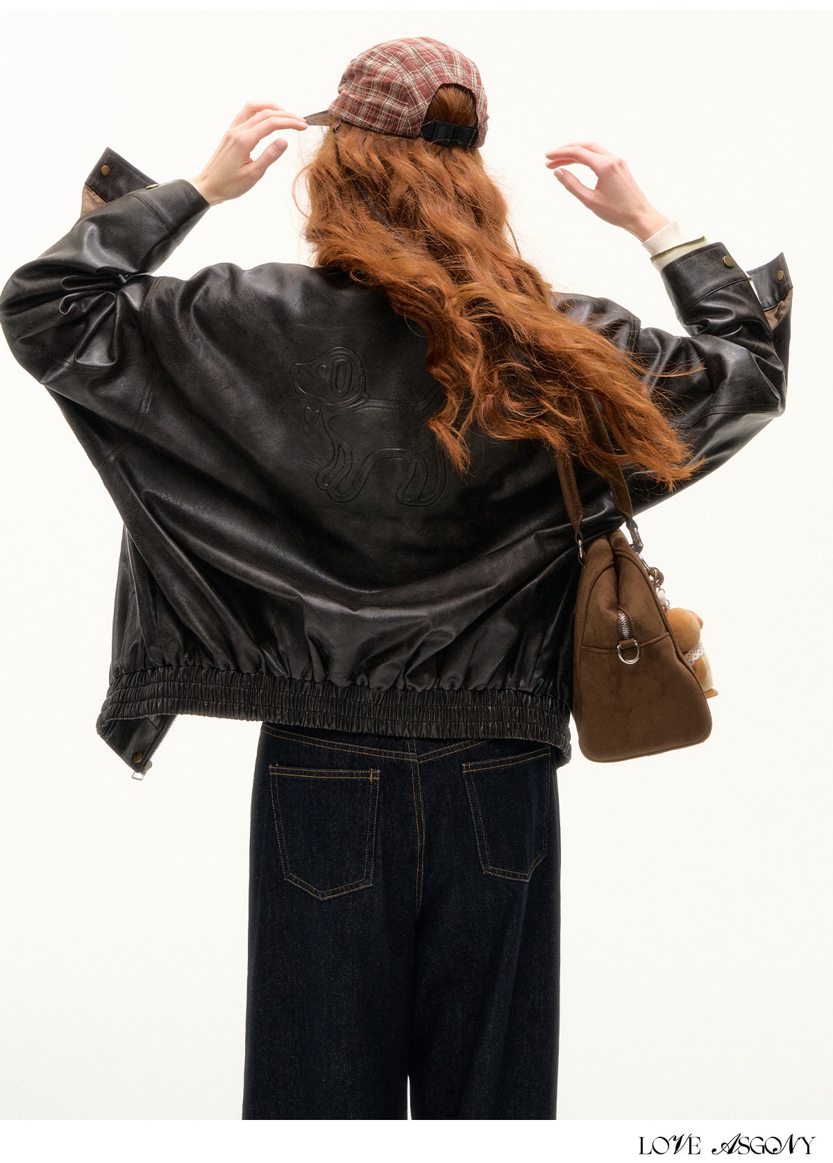 AsGony Retro Bow Collar Embossed Leather Jacket
