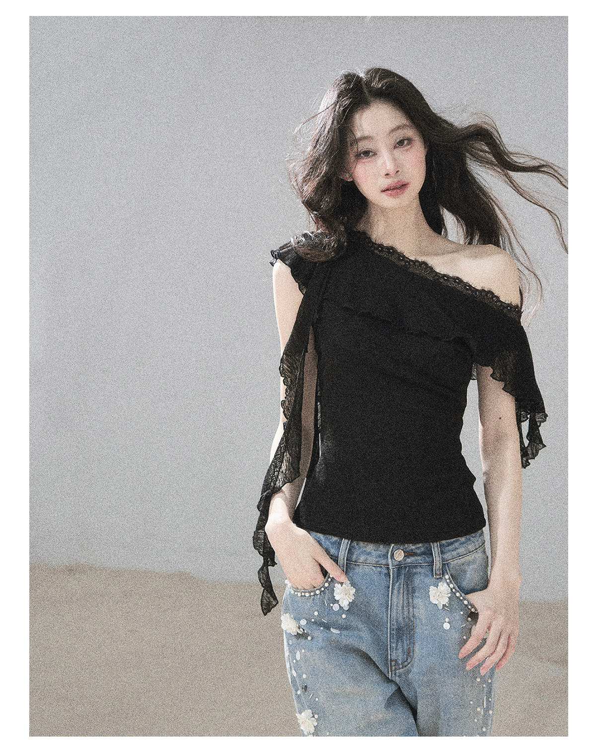 ShaoYeYan Aomalm Before Sunset Falls Korean Off-Shoulder Lace Top